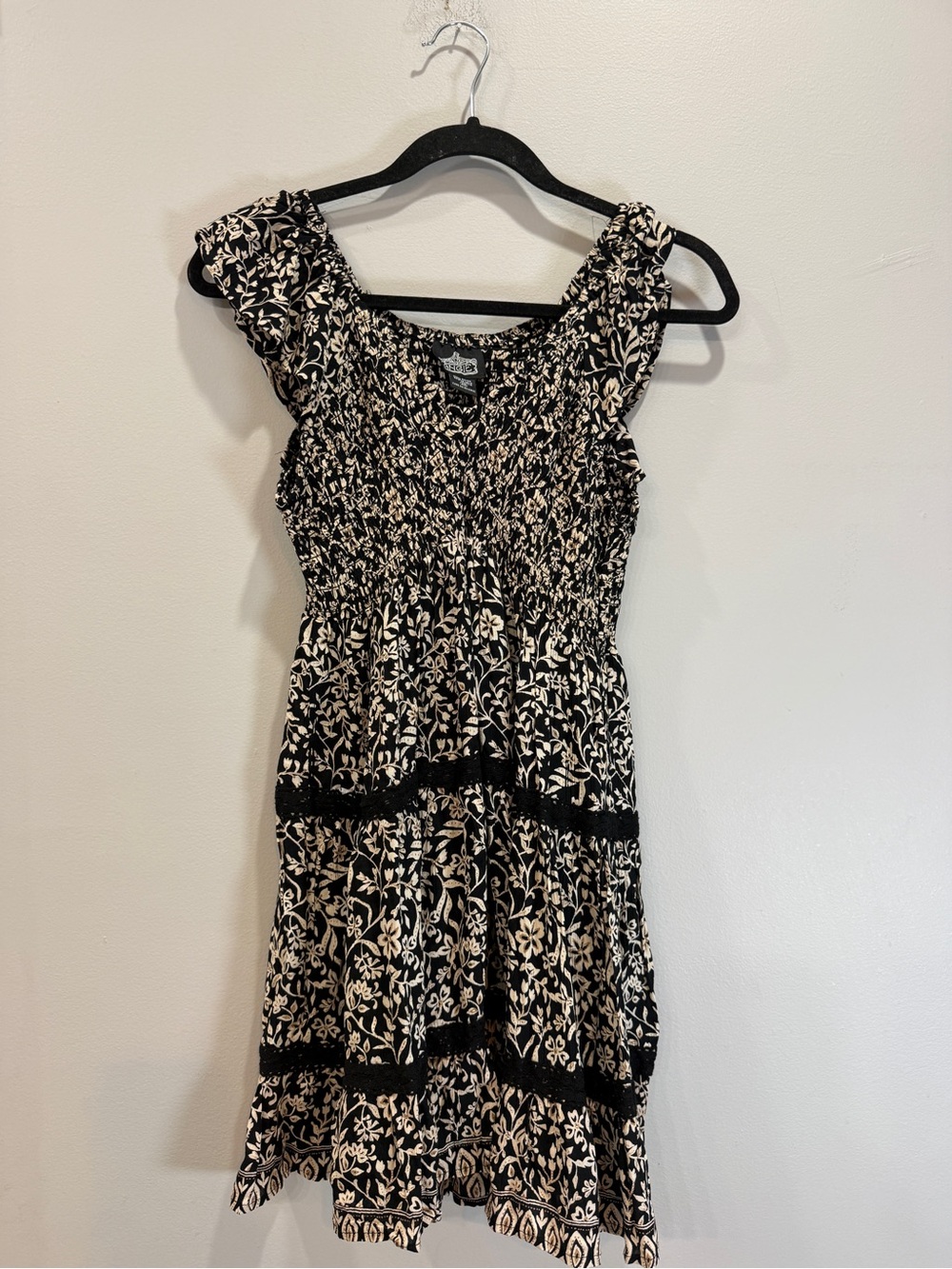 Angie Black and Cream Floral Smocked Mini Dress